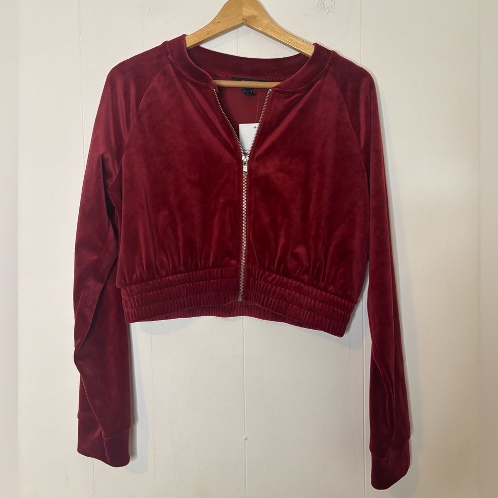 NWT Y2K Burgundy Red Velour Cropped Bomber Track Jacket Lounge Women’s Medium